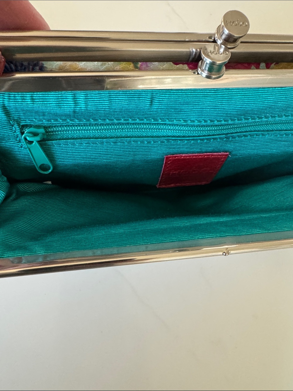 Hobo double sided folding Leather wallet Spring Floral Teal lining organization - Picture 8 of 16